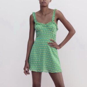 Zara Dress Womens Large‎ Green Floral Sundress Mini Smocked Back Ruffle Strap